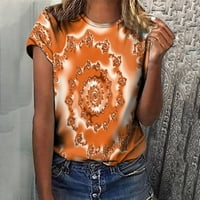 Небрежни върхове за жени свободни годни за лято лято късо ръкав градиент цветен печат кръгла врата пуловер блуза модерна лека мека удобна тениска отгоре оранжев L