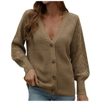 Fjofpr дамски дрехи Кардиган пуловери за жени Леки тежести с дълъг ръкав V Врат Плътни цветове върхове Небрежни издълбани бутони с риза плетен пуловер