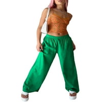 Calsunbaby жени Небрежни панталони с широки крака Разхлабени плътни цветни еластични талии йога панталони палацо панталони панталони със суипани зелени