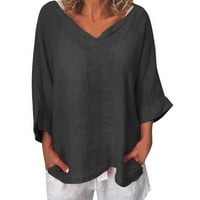 Olyvenn ежедневен памучен спално бельо тениска блуза мода за жени плюс размер v-образен ръкав солидни върхове женски свободно време черно l