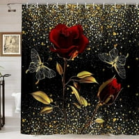 Завеса за душ, червена розова златна пеперуда сред златни пайети за душ завеса за дома на баня водоустойчив празничен декор