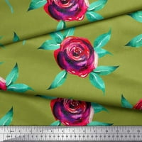 Soimoi Green Japan Crepe Satin Leaves & Rose Floral Decor Fabric Printed Yard Wide